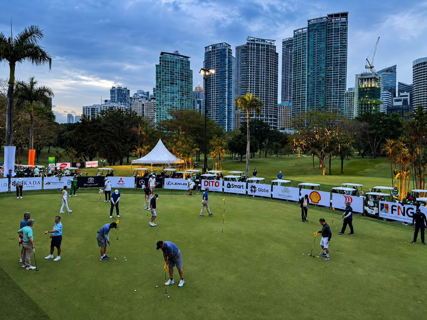 Golf practice event with a city skyline