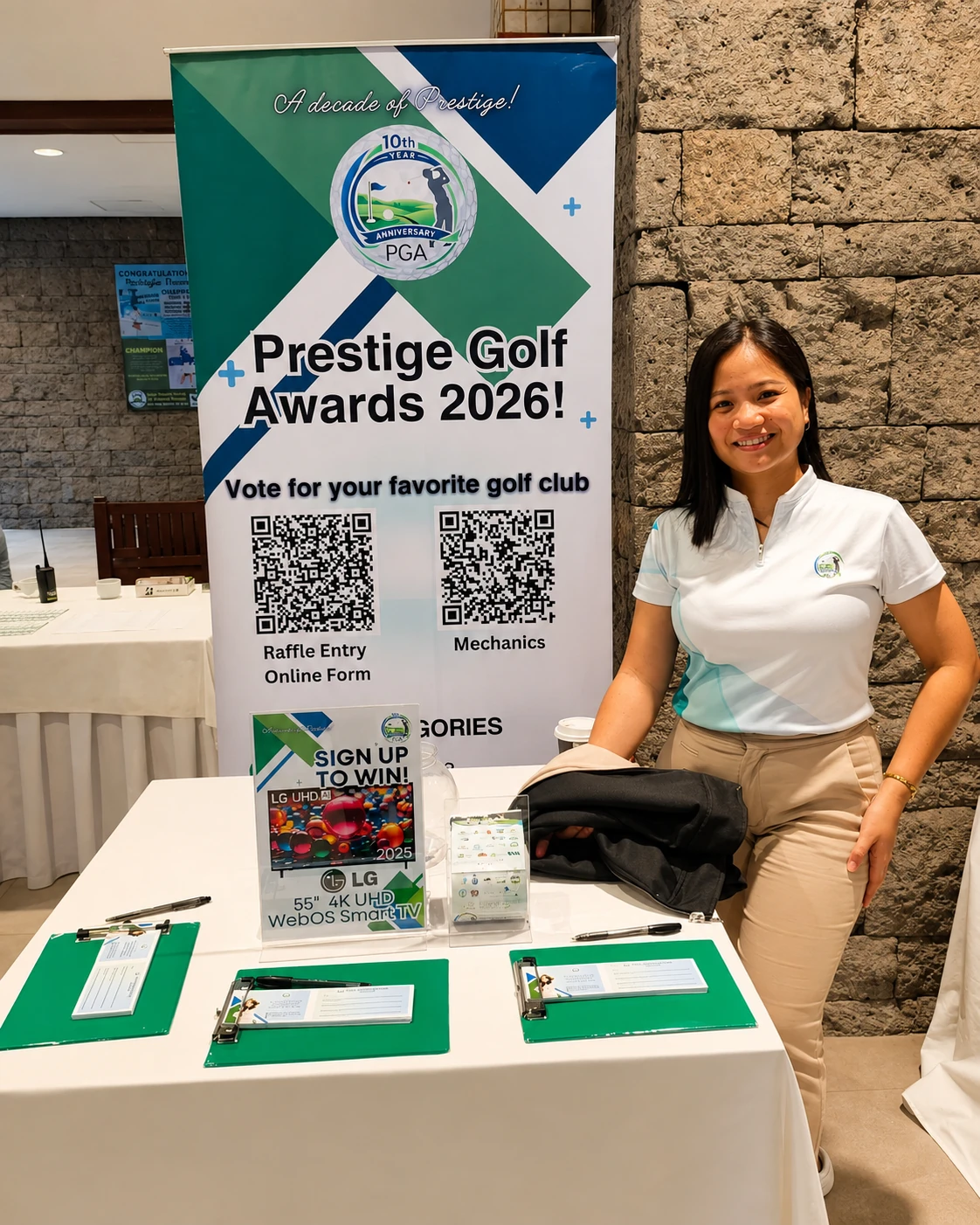 PGA representative at an event registration booth